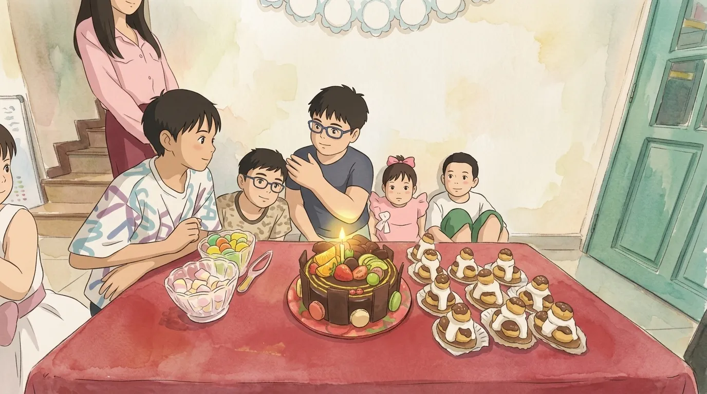 The kids around a birthday cake, drawn in a hand-painted style