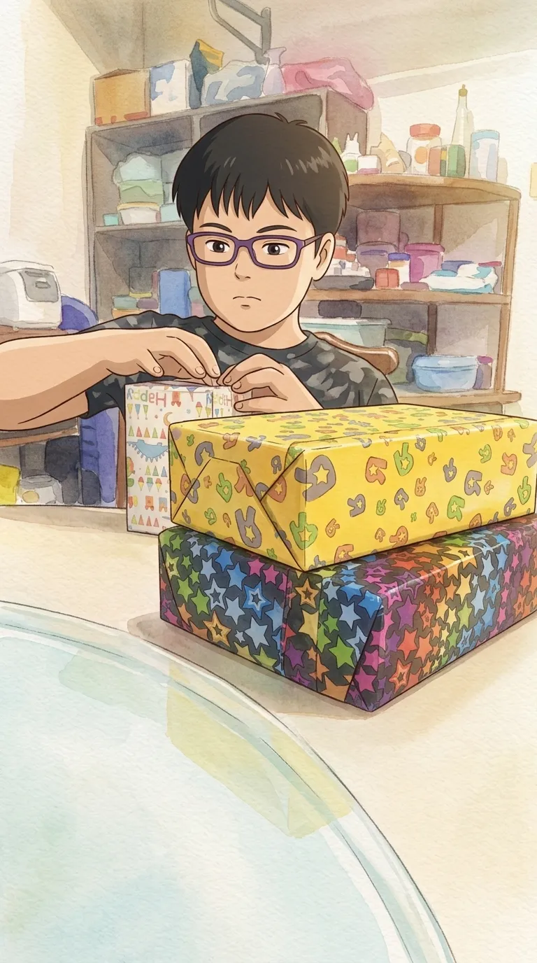 Wrapped presents on the table, drawn in a hand-painted style