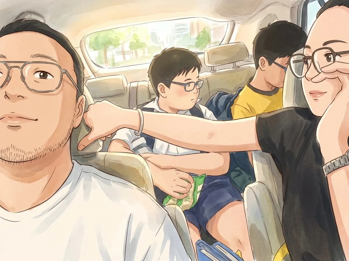 A car full of family, drawn in a hand-painted style