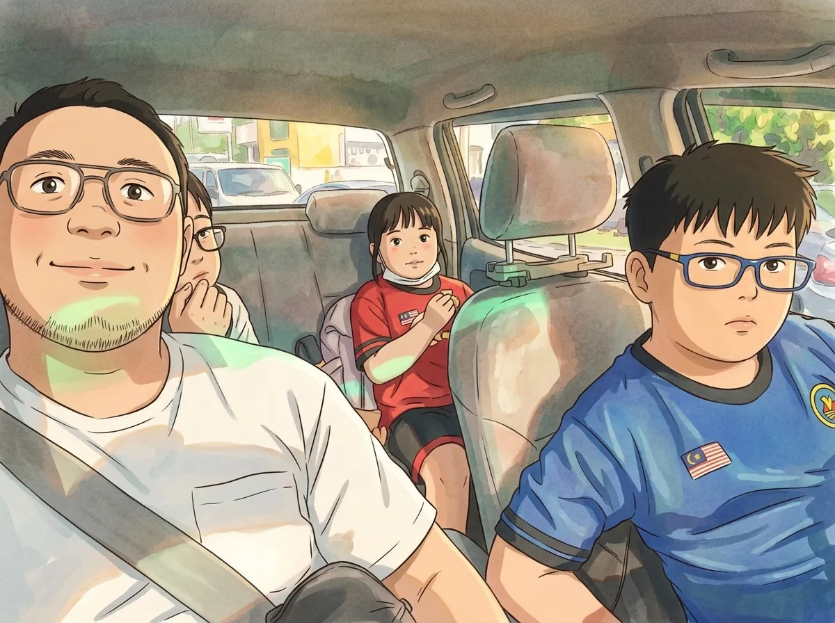 Me and the kids in the car, drawn in a hand-painted style