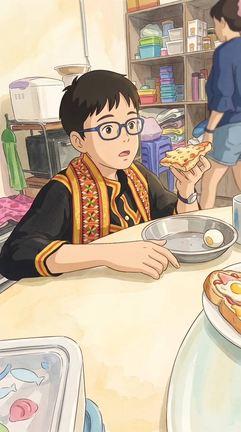 My son at breakfast in traditional costume, drawn in a hand-painted style