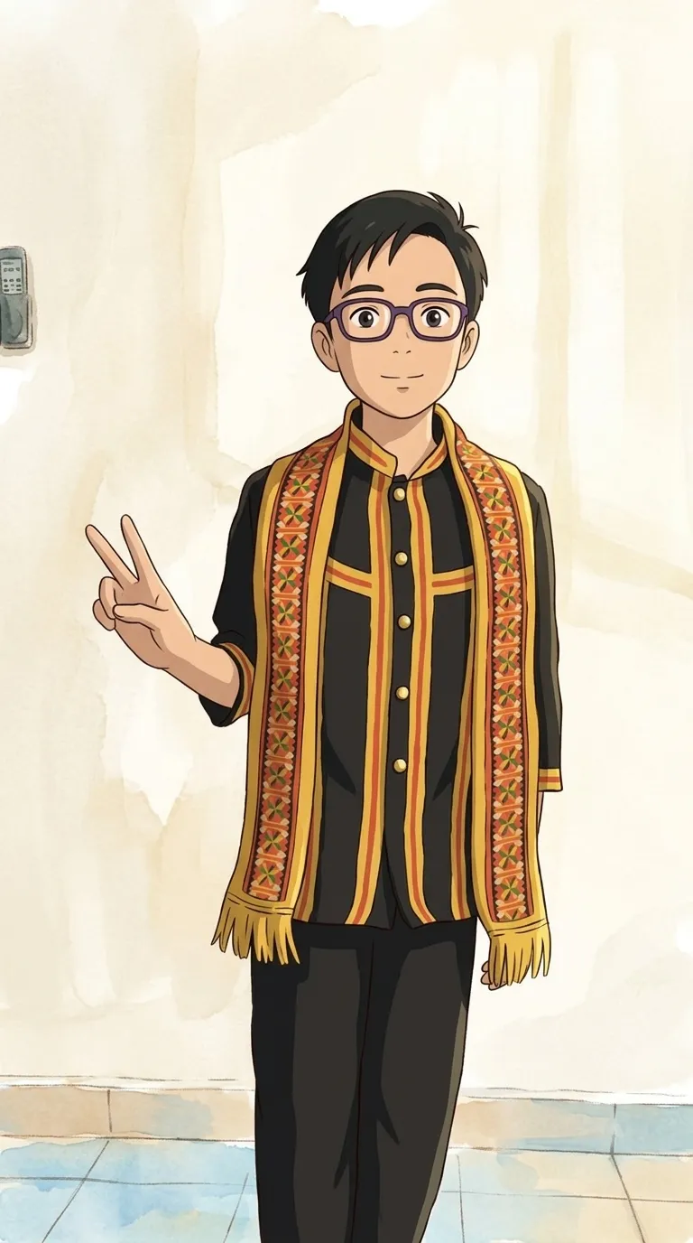 My son in traditional costume making a peace sign, drawn in a hand-painted style