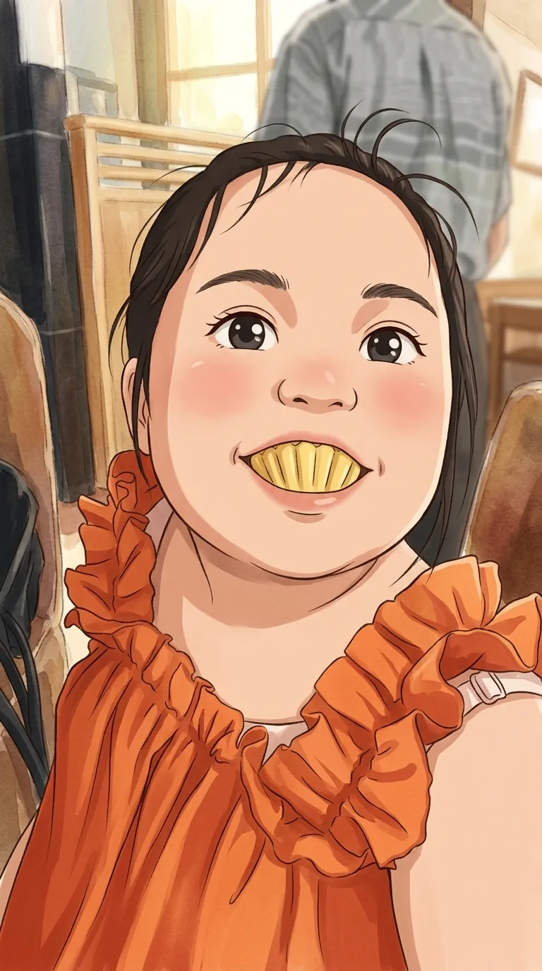 My daughter grinning in an orange dress, drawn in a hand-painted style