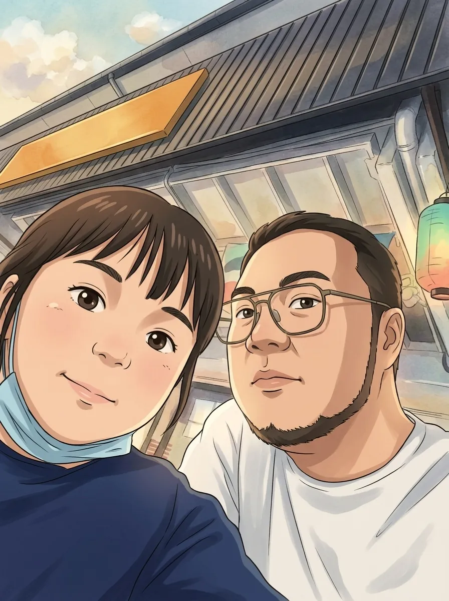 Selfie with my daughter outside a shop, drawn in a hand-painted style