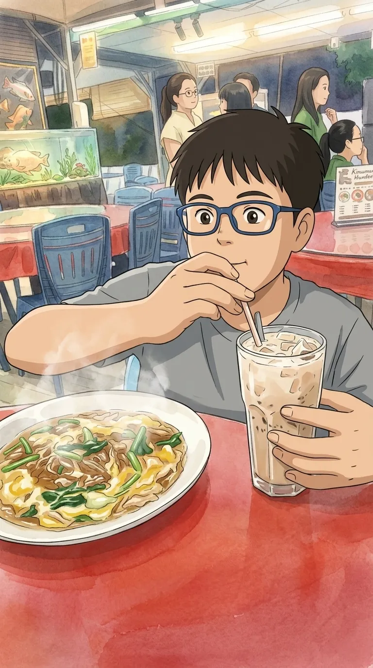My son at dinner with an iced drink, drawn in a hand-painted style