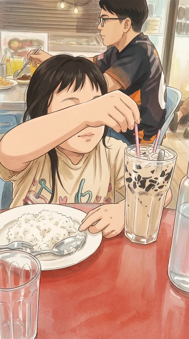 My daughter at dinner with an iced drink, drawn in a hand-painted style
