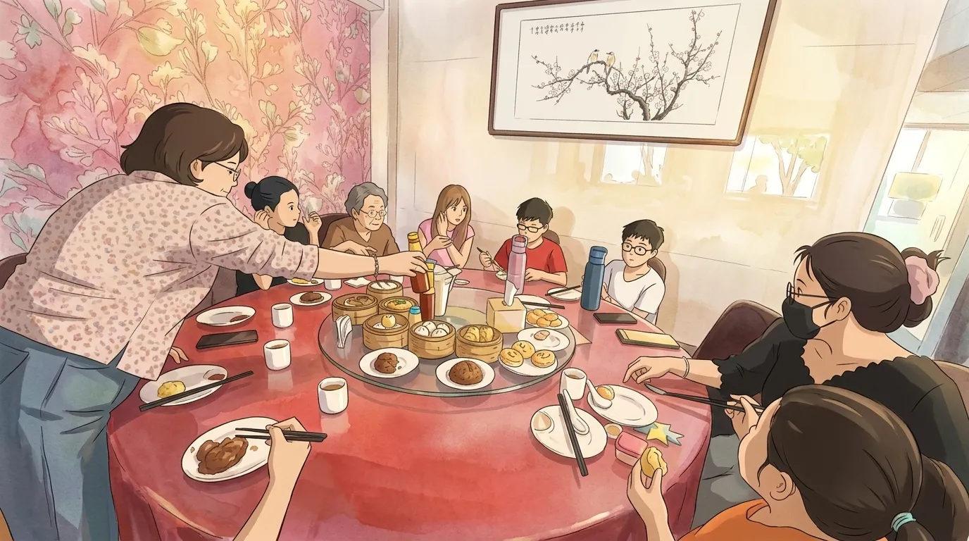 A big family lunch at a round table, drawn in a hand-painted style
