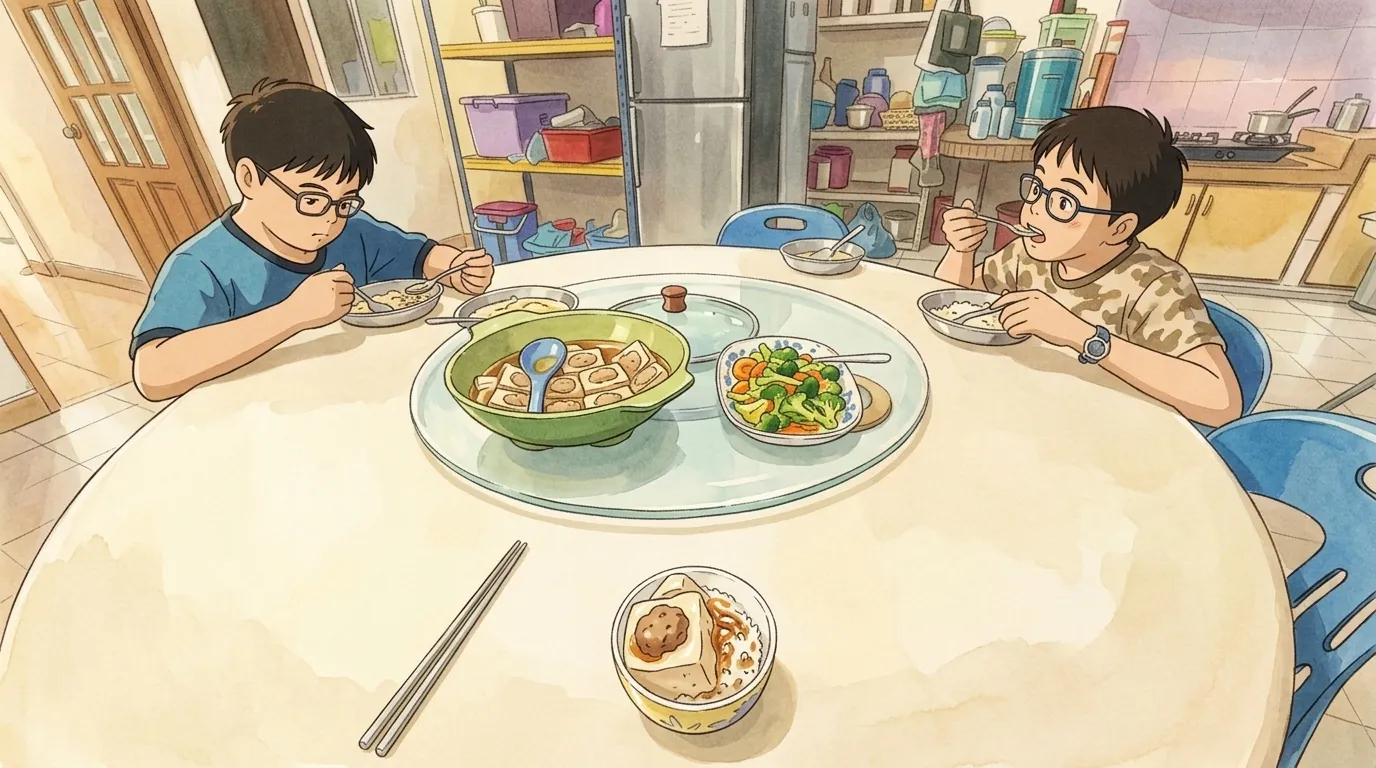 Two of the kids eating at the round table at home, drawn in a hand-painted style
