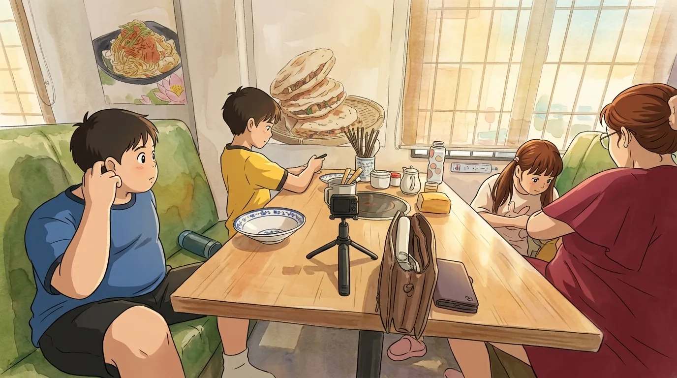 Family lunch at a cafe, drawn in a hand-painted style
