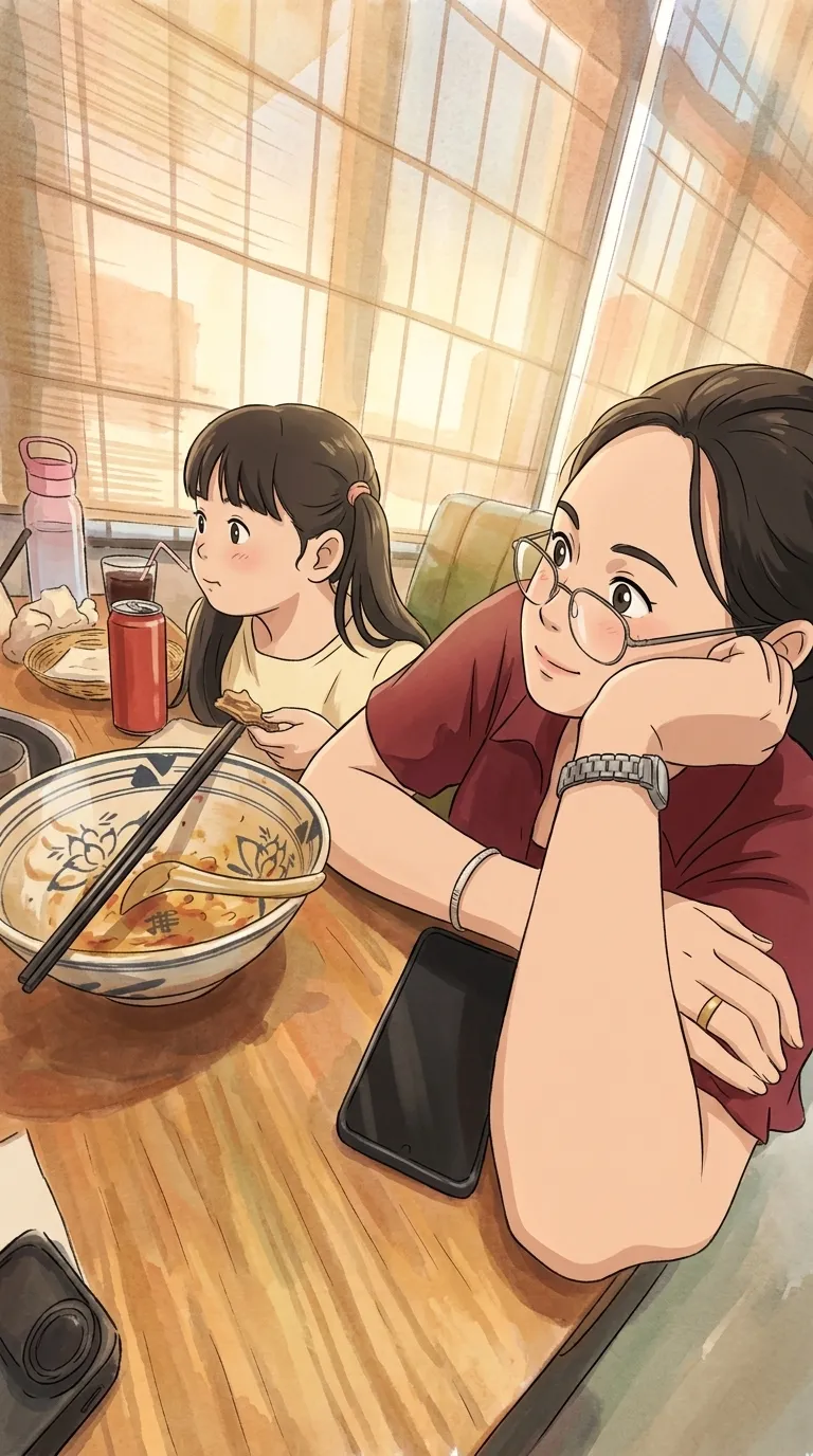 Lunch at a cafe, drawn in a hand-painted style