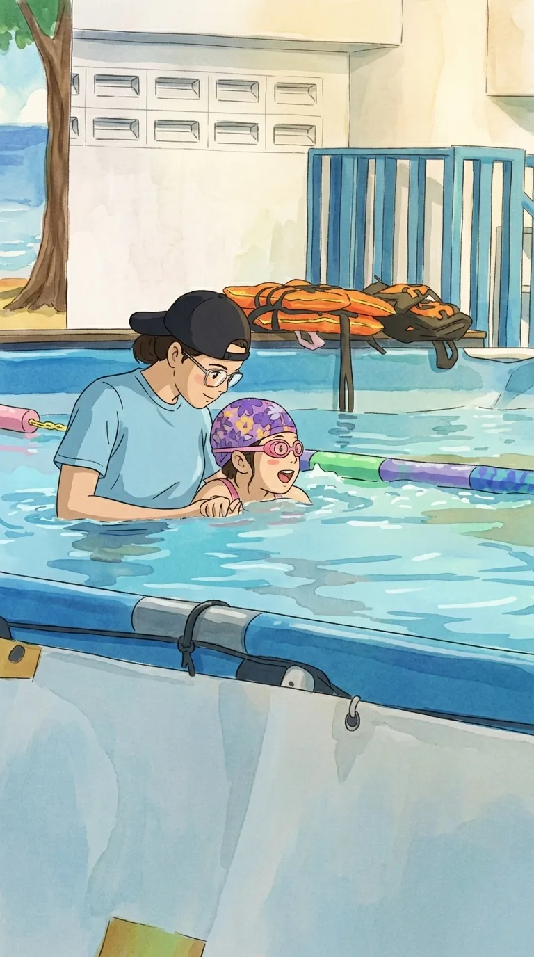 Swimming in a small pool, drawn in a hand-painted style