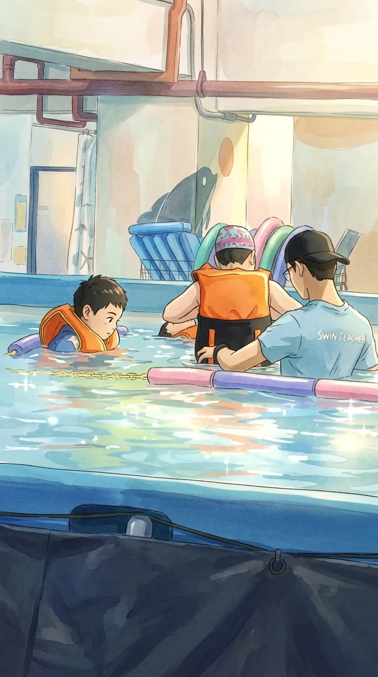Kids in life vests in the pool, drawn in a hand-painted style