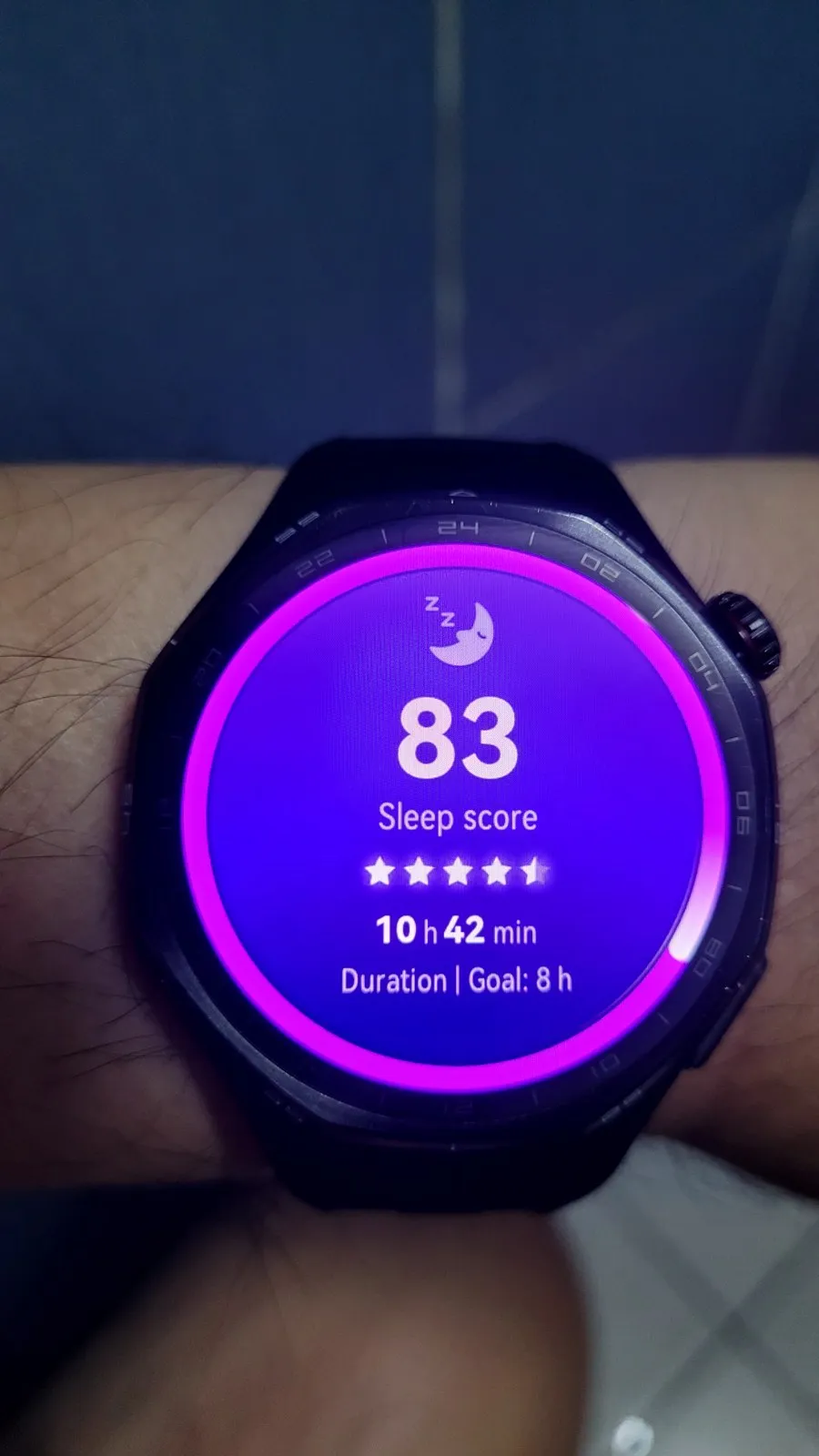 Watch showing sleep score 83, 10 hours 42 minutes