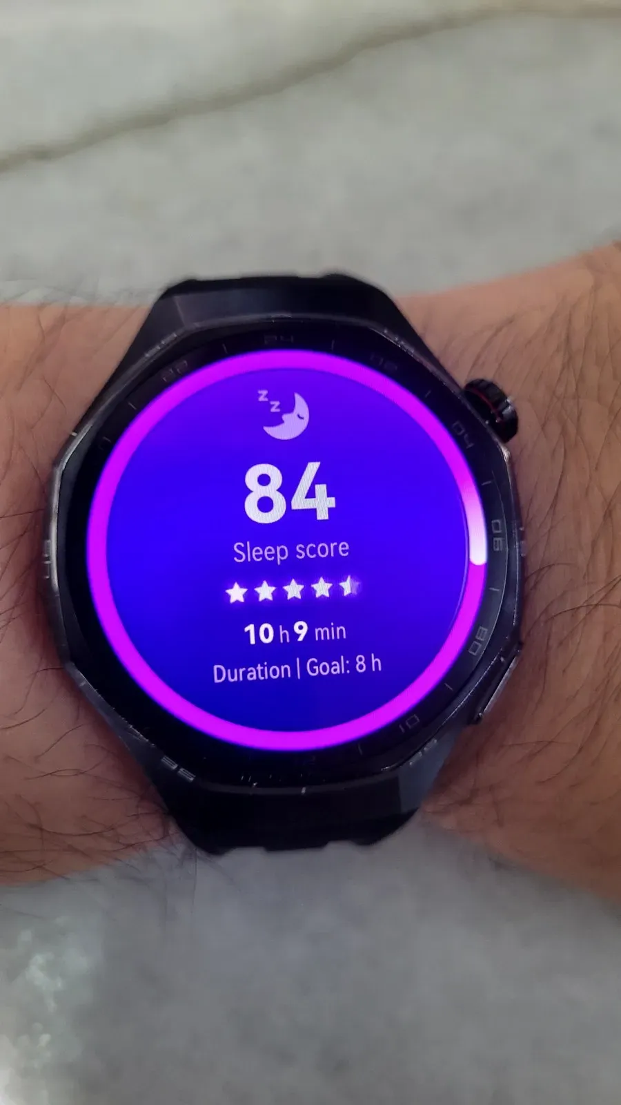 Watch showing sleep score 84, 10 hours 9 minutes
