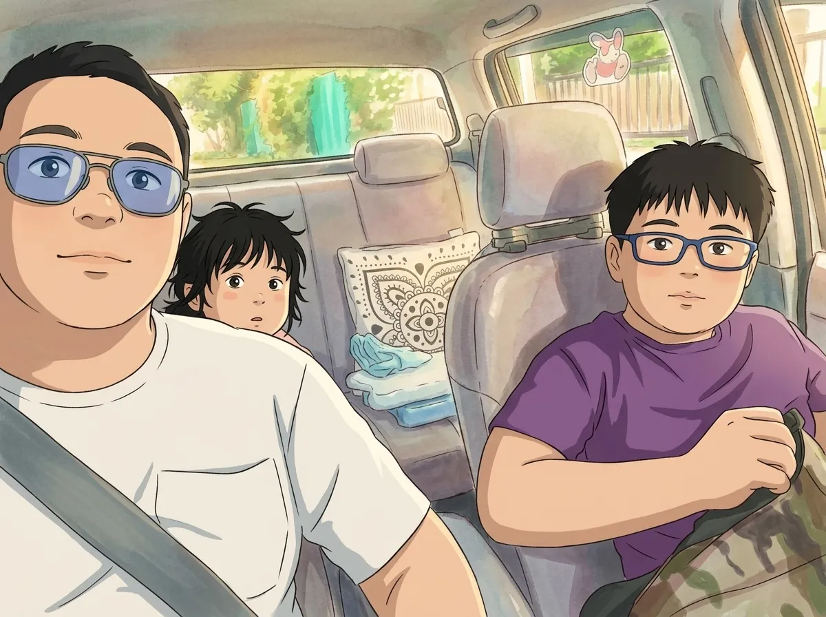 Me and the kids in the car, drawn in a hand-painted style