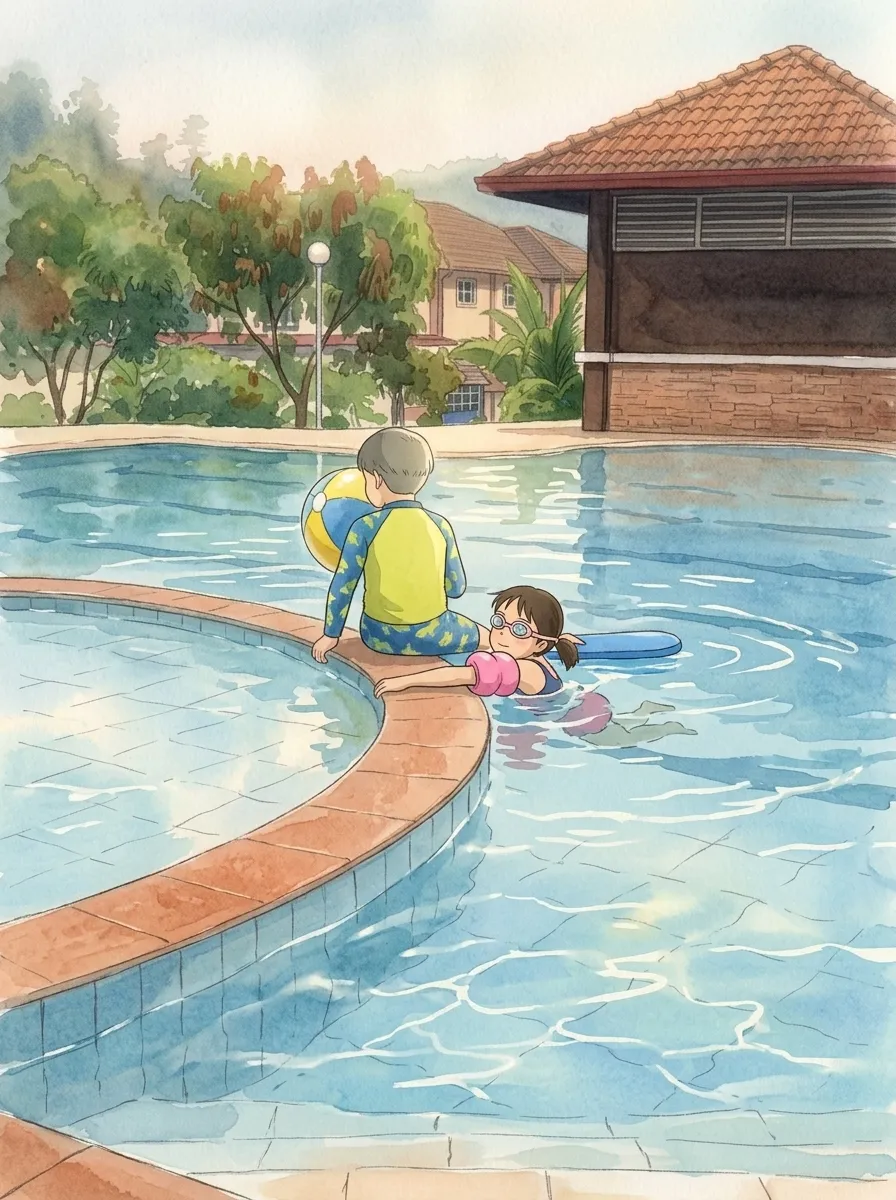 The kids in the pool, drawn in a hand-painted style