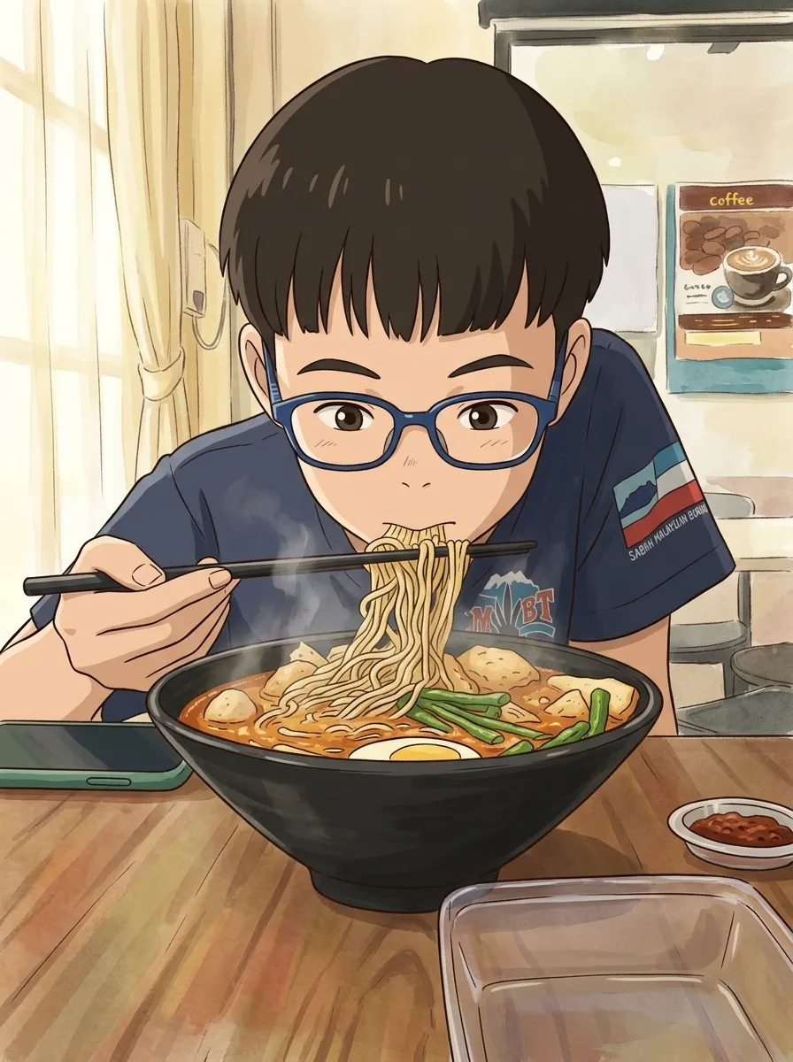 My son eating curry noodles, drawn in a hand-painted style