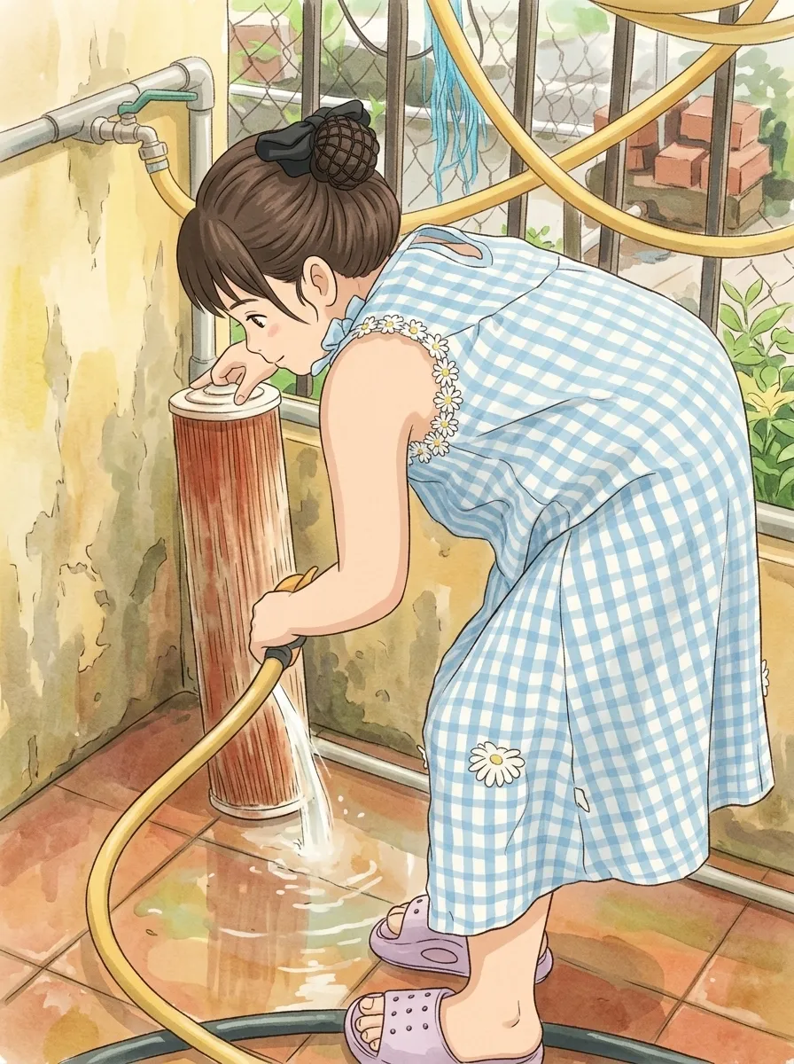 My daughter washing a filter, drawn in a hand-painted style