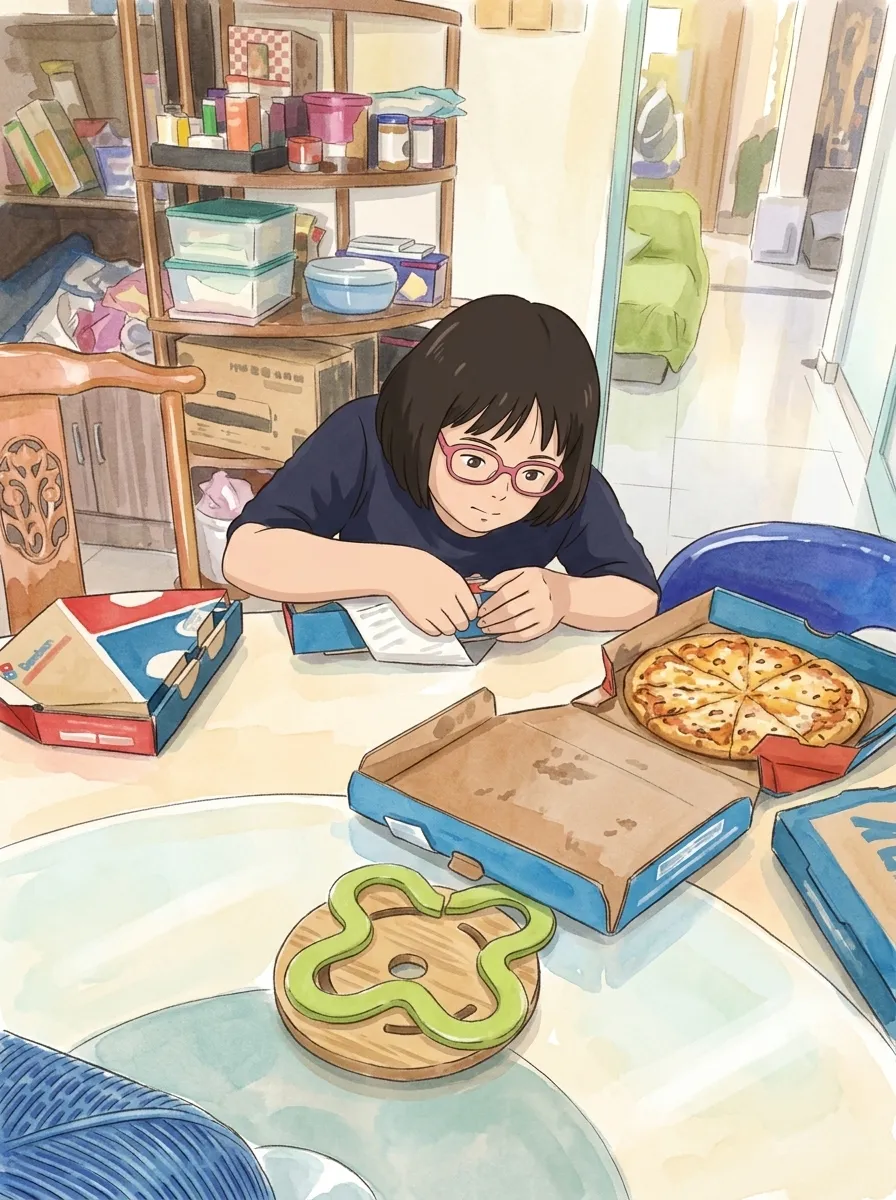 Pizza night at home, drawn in a hand-painted style