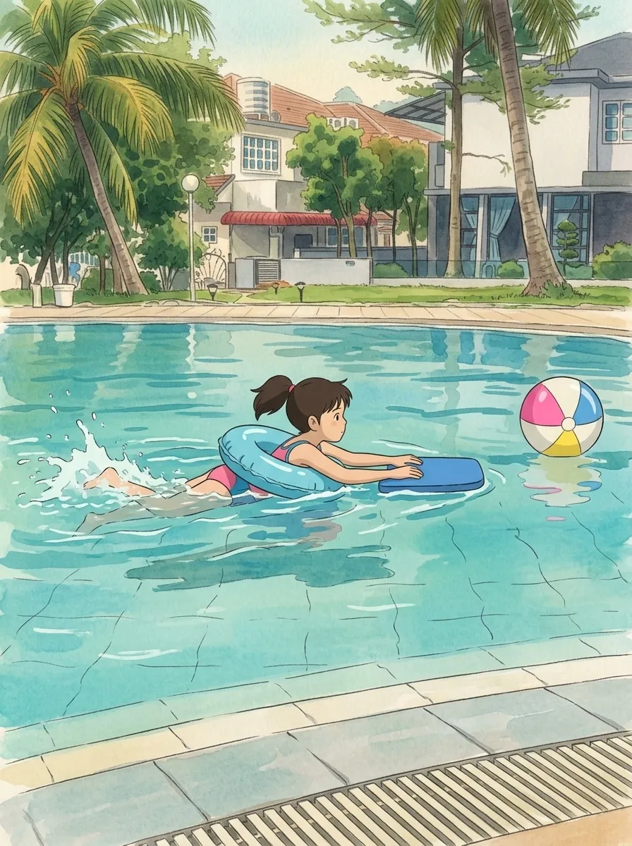 Pool day with the kids, drawn in a hand-painted style