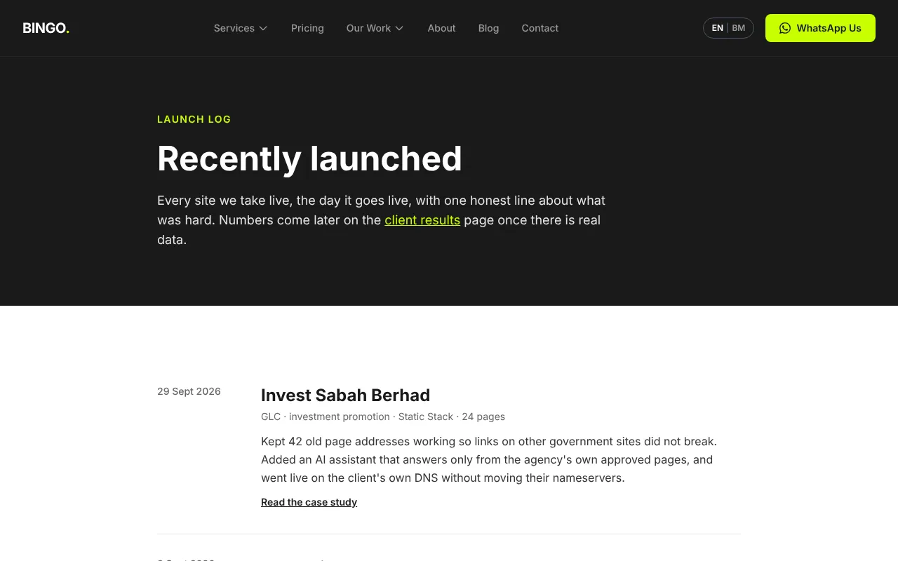 Bingo's Recently launched page